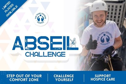 text: abseil challenge, limited spaces available, step out of your comfort zone, challenge yourself, support hospice care