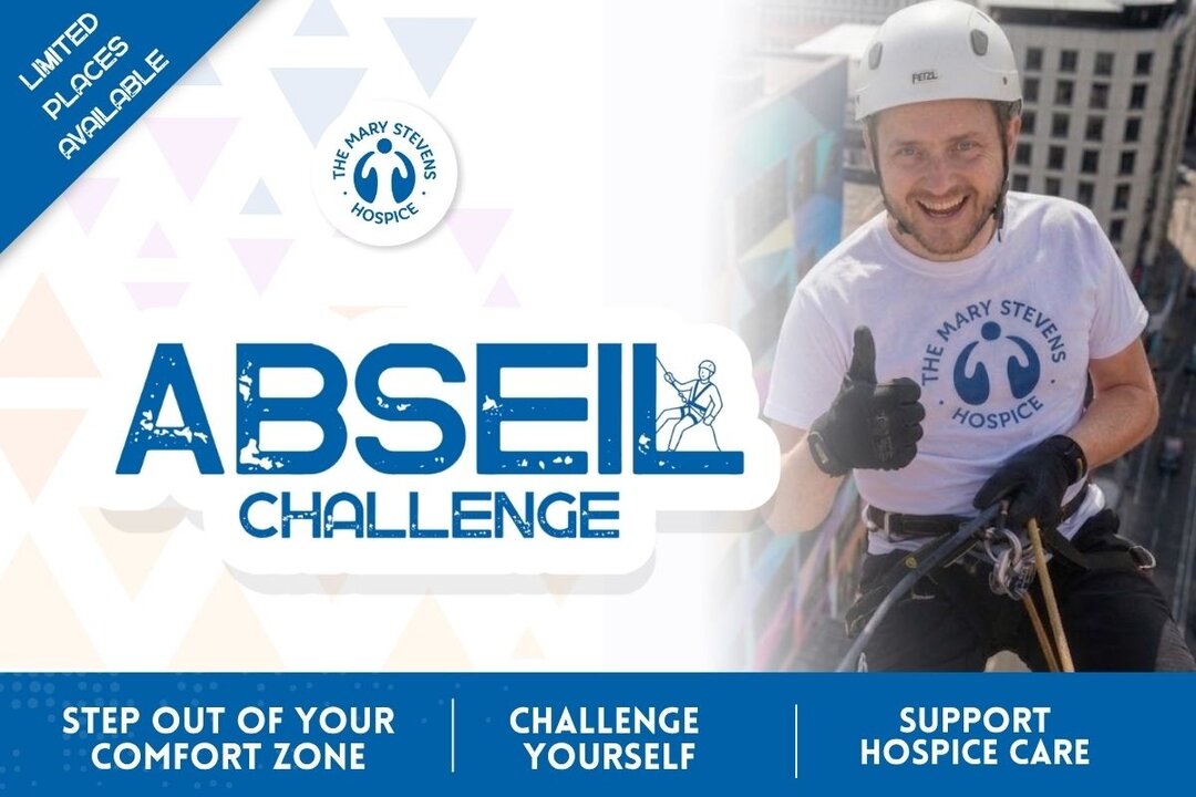text: abseil challenge, limited spaces available, step out of your comfort zone, challenge yourself, support hospice care