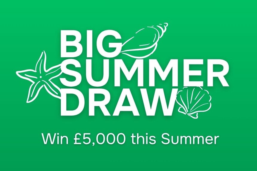 'big summer draw, win £5,000 this summer' white text on a green background with a summer theme