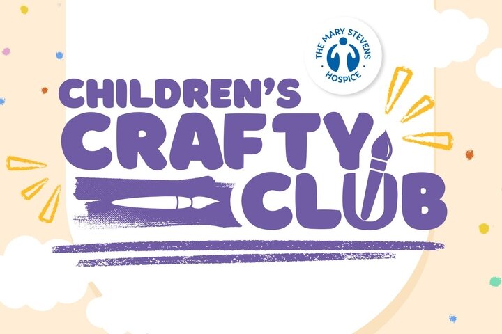 Children's Crafty Club logo in purple on a white and cream background with clouds and dots of colour