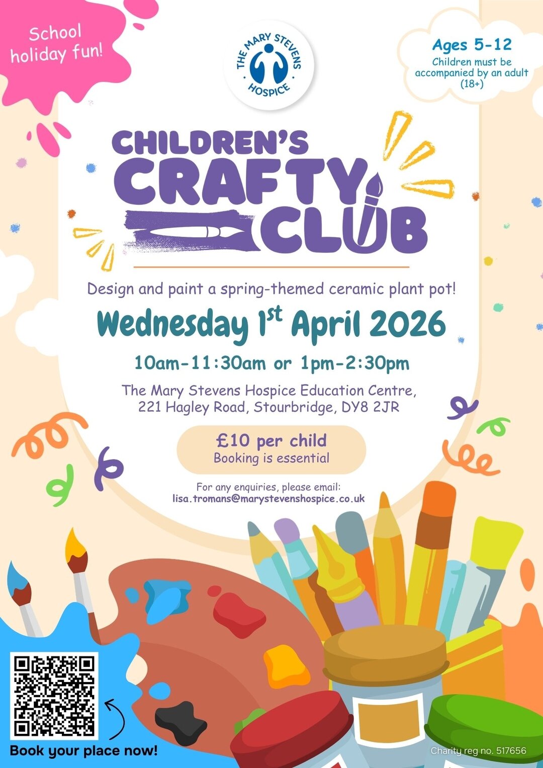 A colourful poster for a Children's Crafty Club event taking place at the hospice on 1st April, where children can design and paint a ceramic plant pot