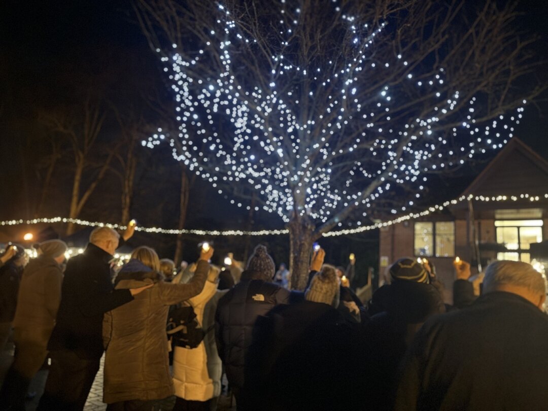 tree of light and people holding candles