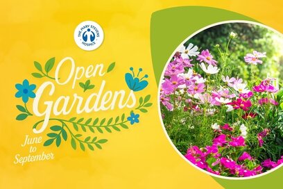 Promotional graphic for The Mary Stevens Hospice Open Gardens, featuring colourful flowers and text “Open Gardens, June to September on a bright yellow background.