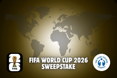 an image of a black and gold world map, FIFA logo, The Mary Stevens Hospice logo and the title 'FIFA World Cup 2026 Sweepstake'